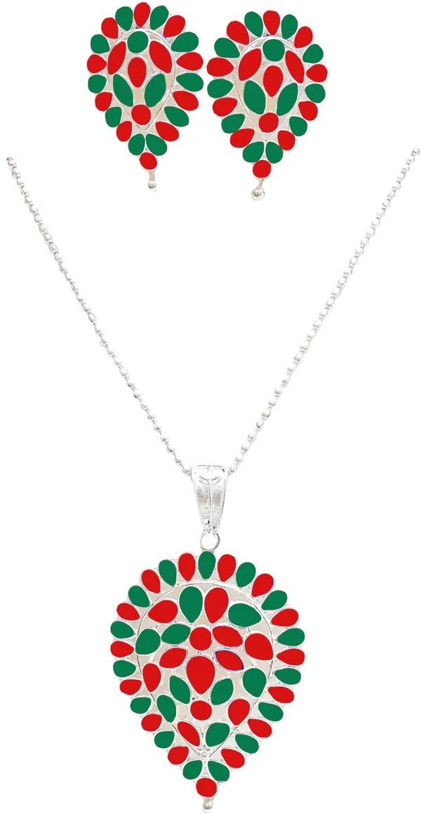 Assamese_Traditional_Red-Green_Colour_Silver-_Dugdugi_Chain_Jewellery_Set_For_Women